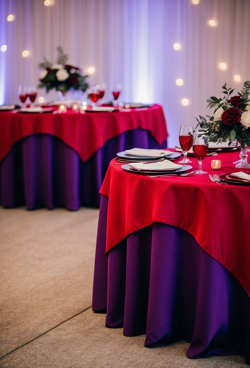 Blood red and violet table linens arranged on a wedding reception table