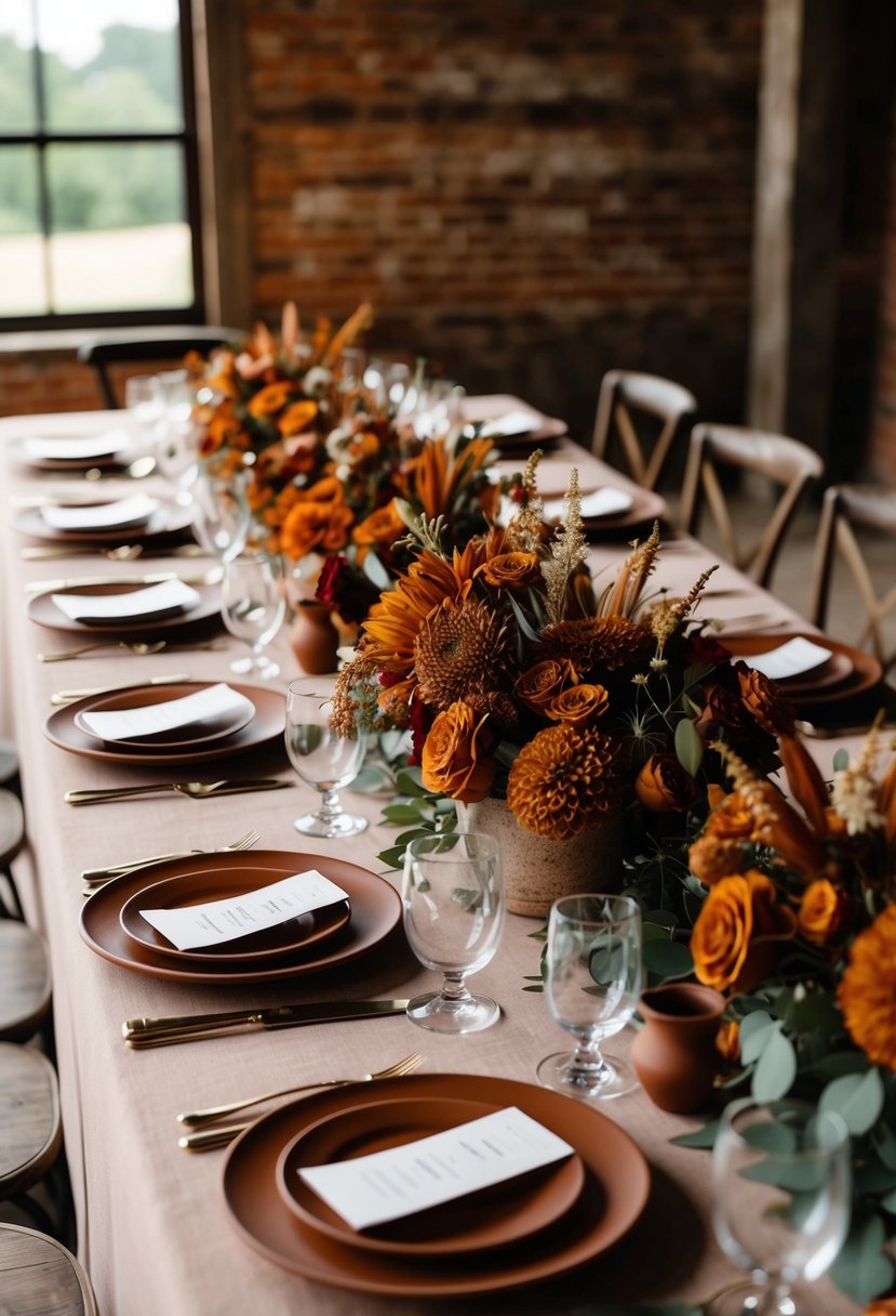 A rustic wedding table adorned with burnt sienna floral arrangements and terracotta decor