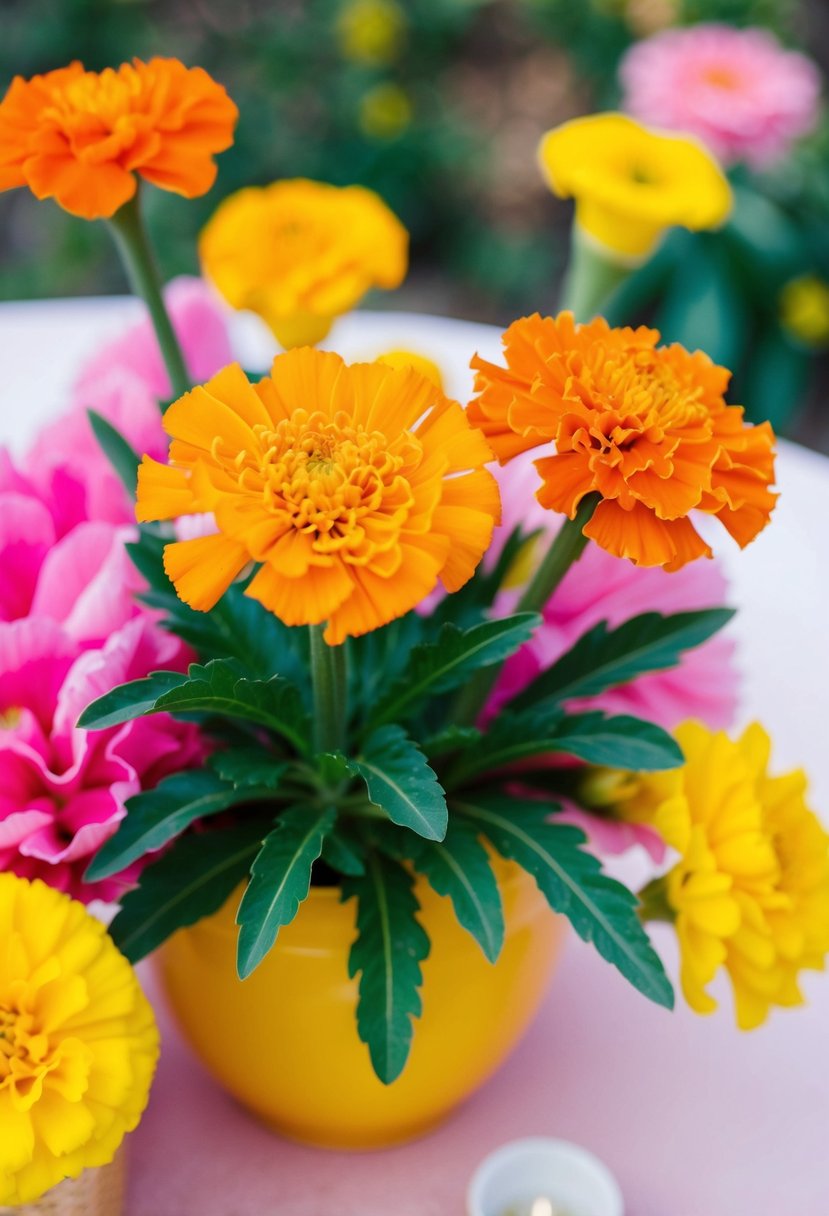 A vibrant marigold flower paired with soft pink and yellow accents in a wedding color palette