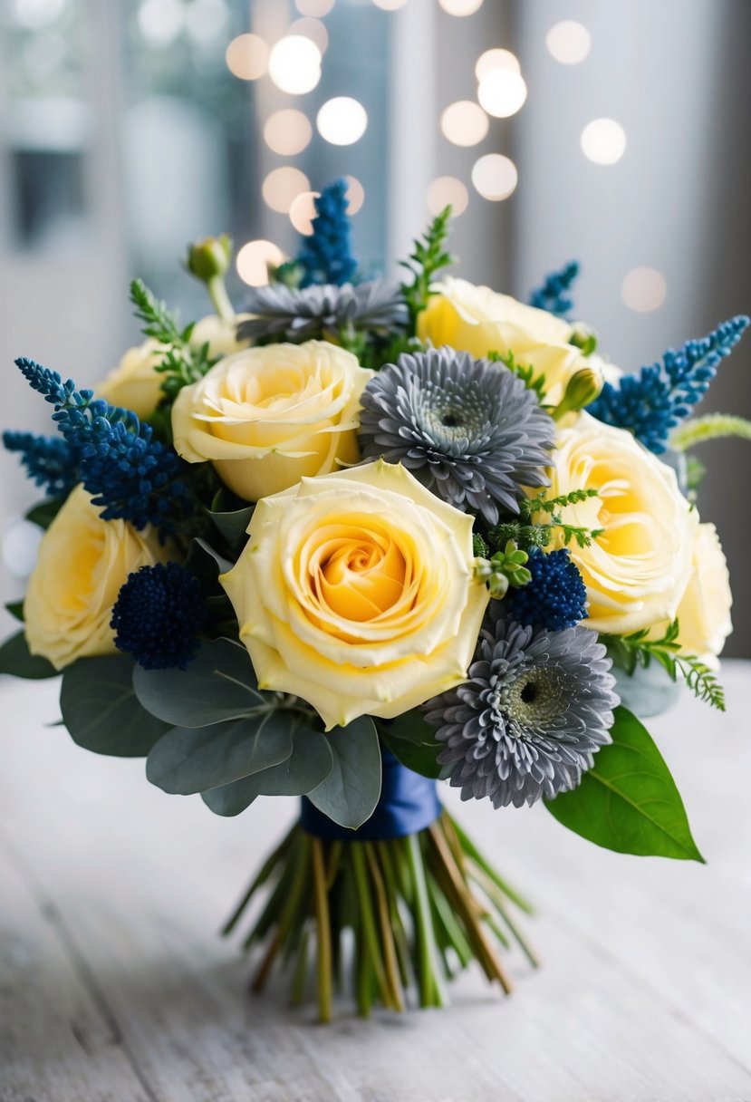 A pale yellow bouquet with slate gray and navy blue accents