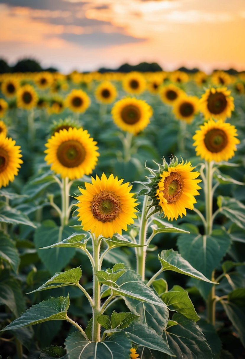 A bright yellow sunflower field with greenery and yellow accents