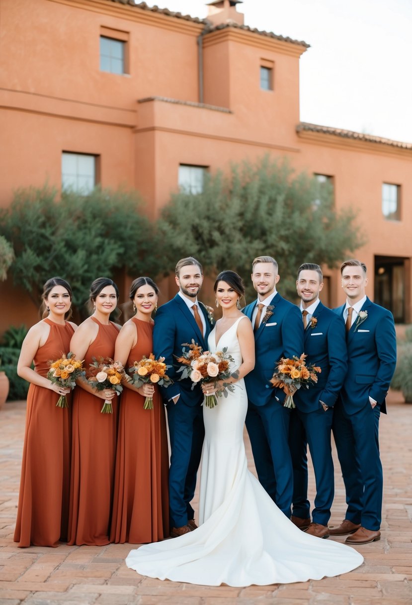 Rust-colored bridal party in terracotta-themed wedding setting