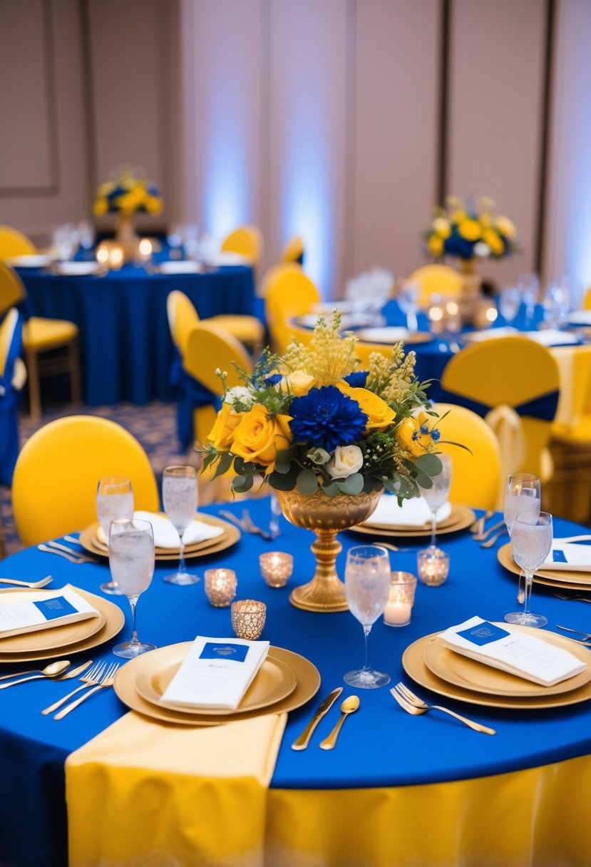 A regal yellow and royal blue color palette adorns an elegant wedding table setting, with golden accents and delicate floral arrangements