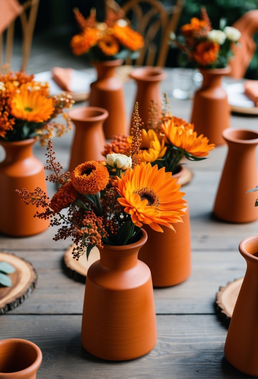 Rust orange terracotta vases filled with autumn blooms, arranged on a wooden table with terracotta wedding decor