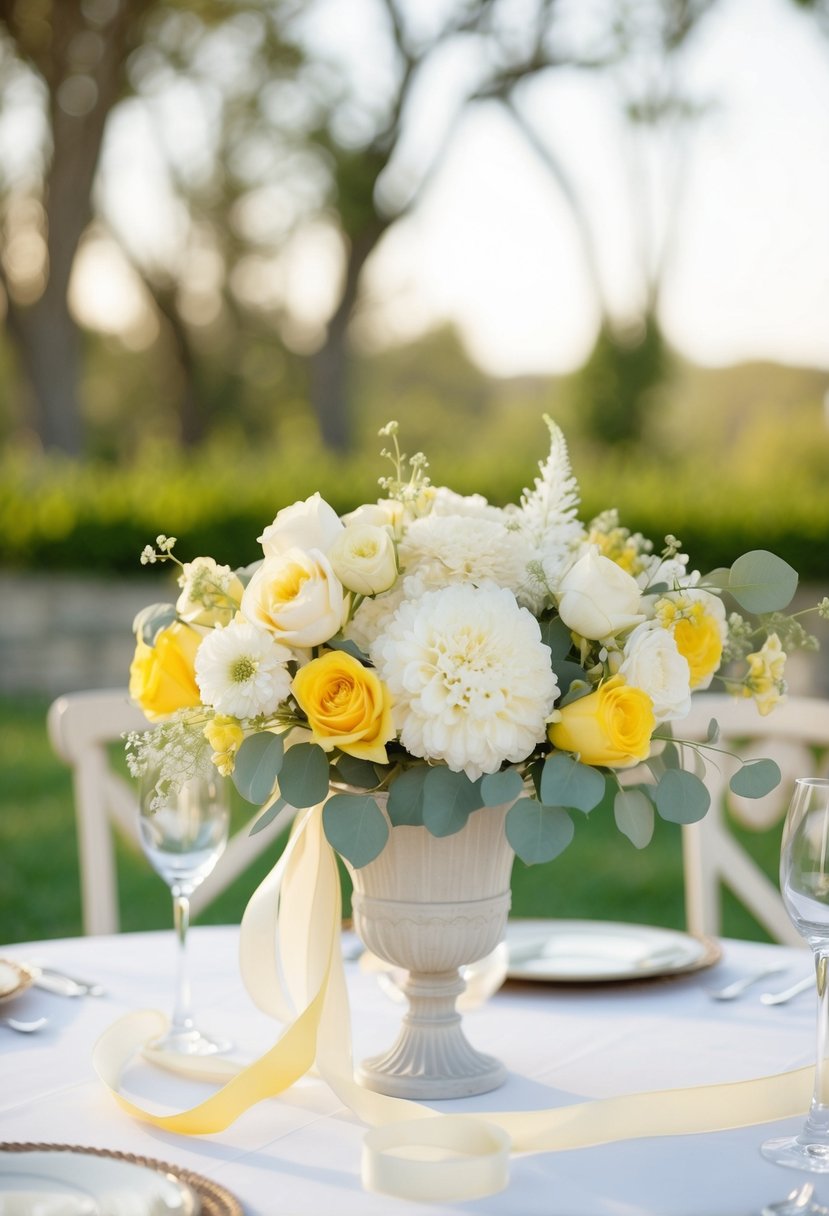 A serene outdoor wedding setting with ivory and French yellow flowers, ribbons, and decor