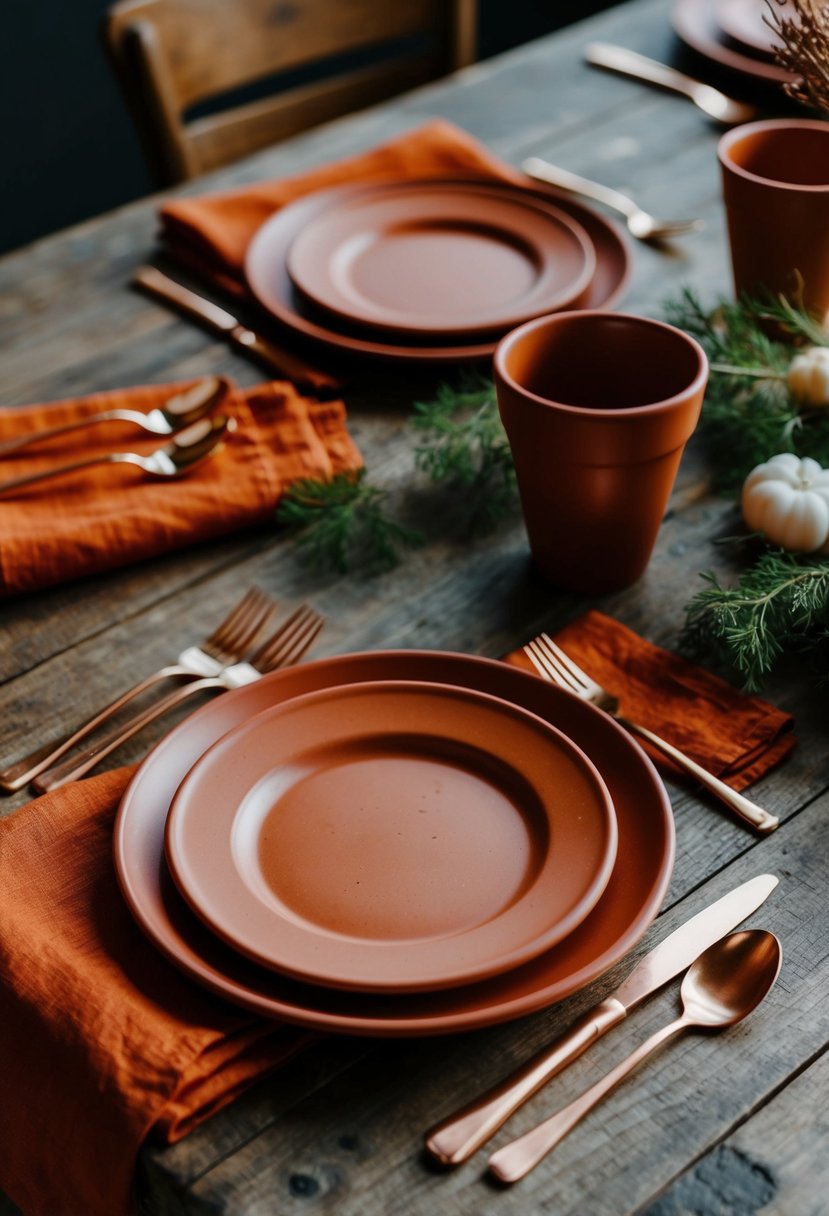 Copper cutlery and terracotta plates adorn a rustic table with rust orange linens