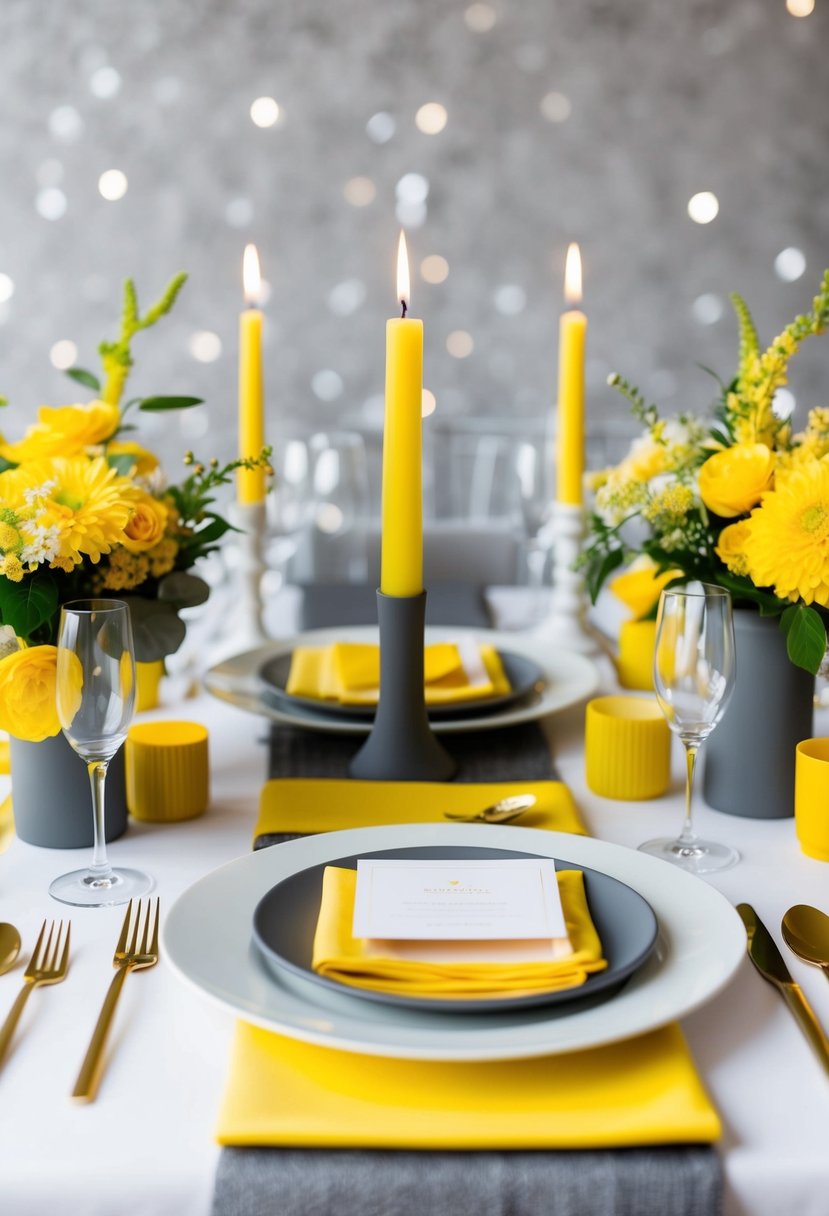 A sleek, modern wedding table setting with yellow and gray accents, including flowers, candles, and tableware