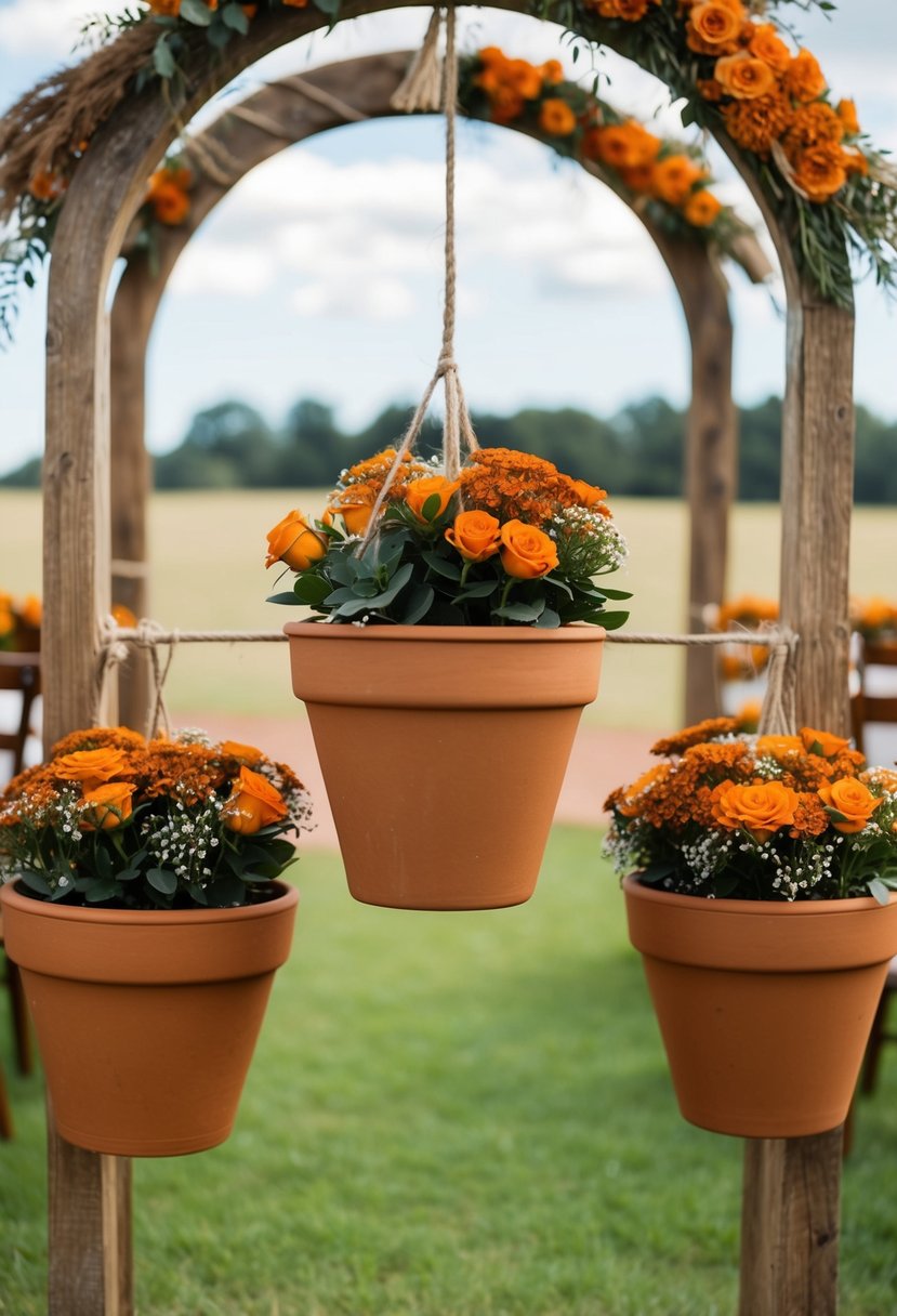 A rustic arch adorned with terracotta pots filled with rust orange and terracotta wedding decor