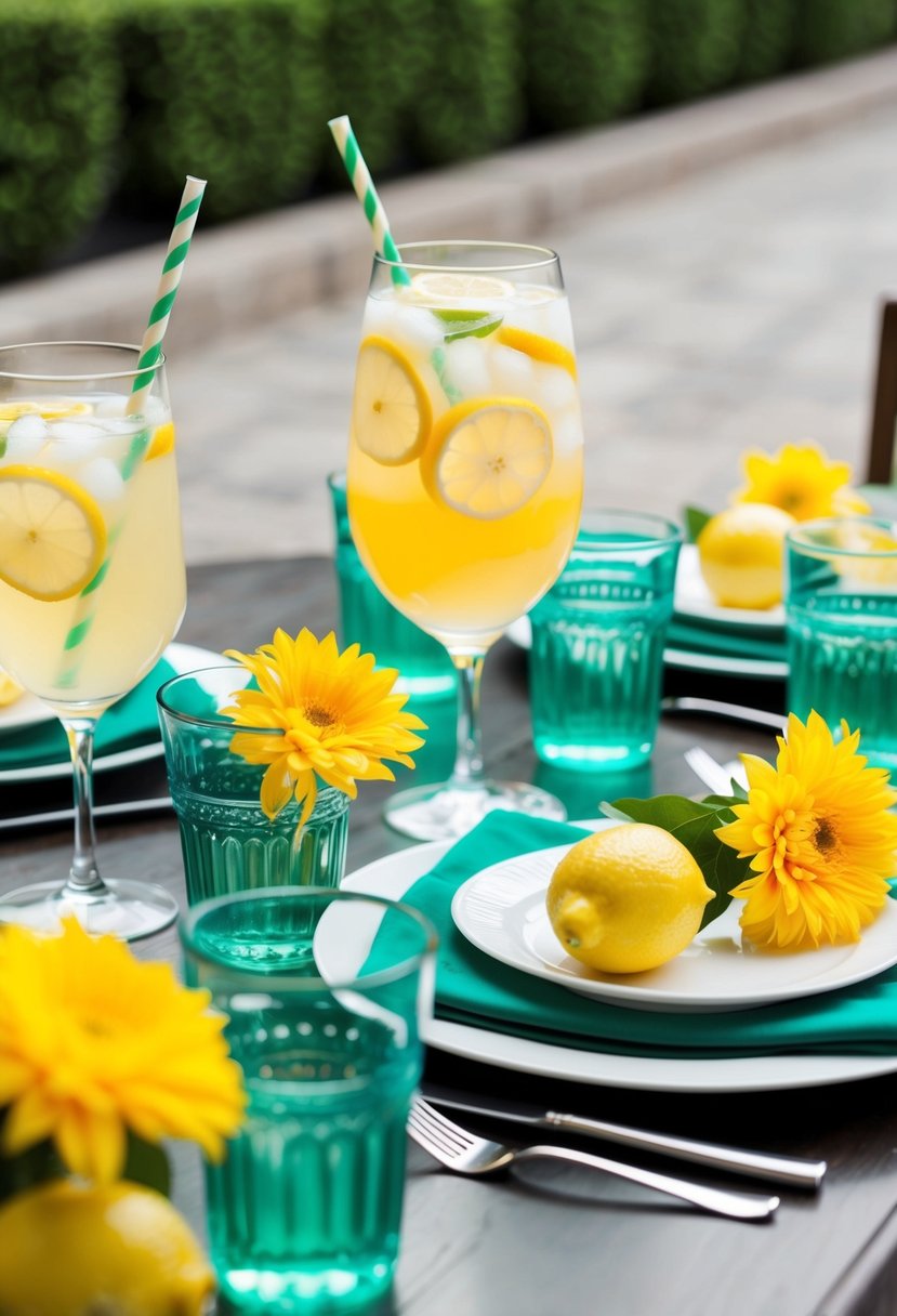 A table set with lemonade, yellow flowers, and emerald green accents