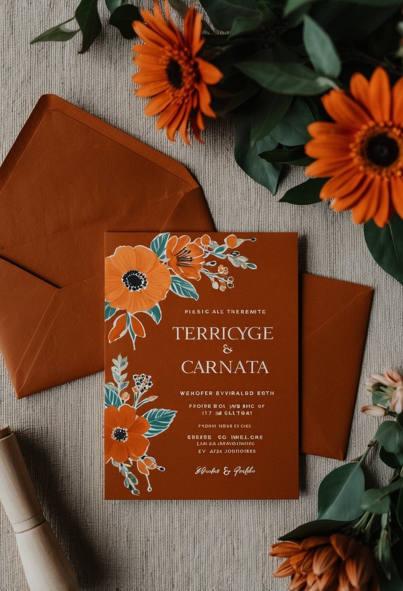 A terracotta wedding invitation with bold orange florals and rust orange accents