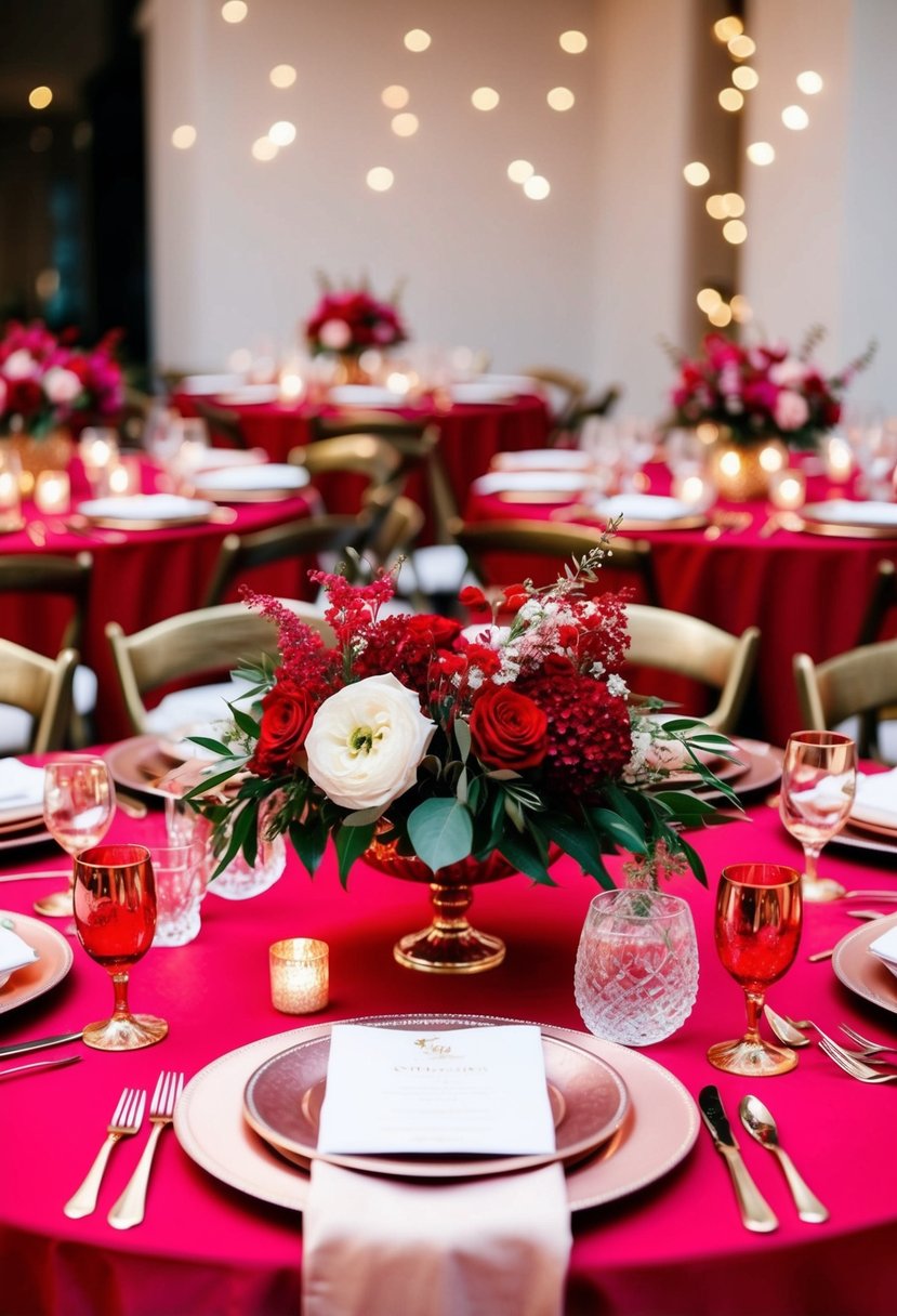 A vibrant red and rose gold color palette adorns a wedding table set with elegant floral centerpieces and shimmering tableware