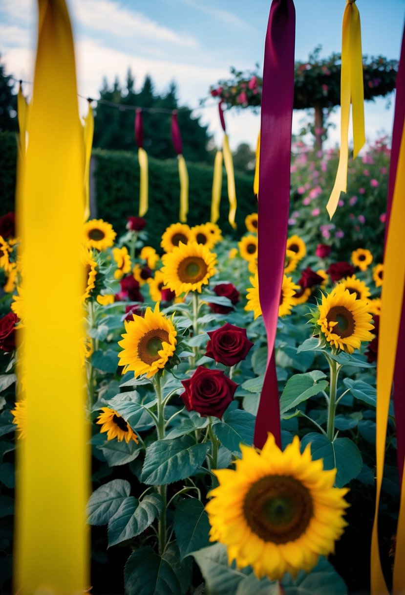 A whimsical garden filled with sunflowers and deep red roses, surrounded by yellow and burgundy ribbons fluttering in the breeze