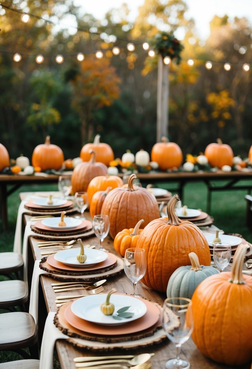 A rustic outdoor wedding reception with pumpkin centerpieces in shades of rust orange and terracotta, set against a backdrop of autumn foliage