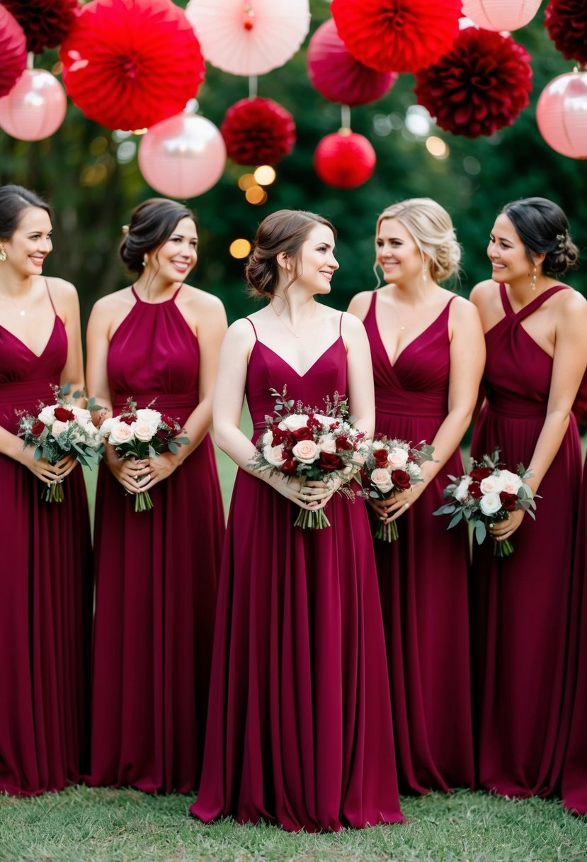 Burgundy bridesmaid dresses surrounded by red and rose gold wedding decor