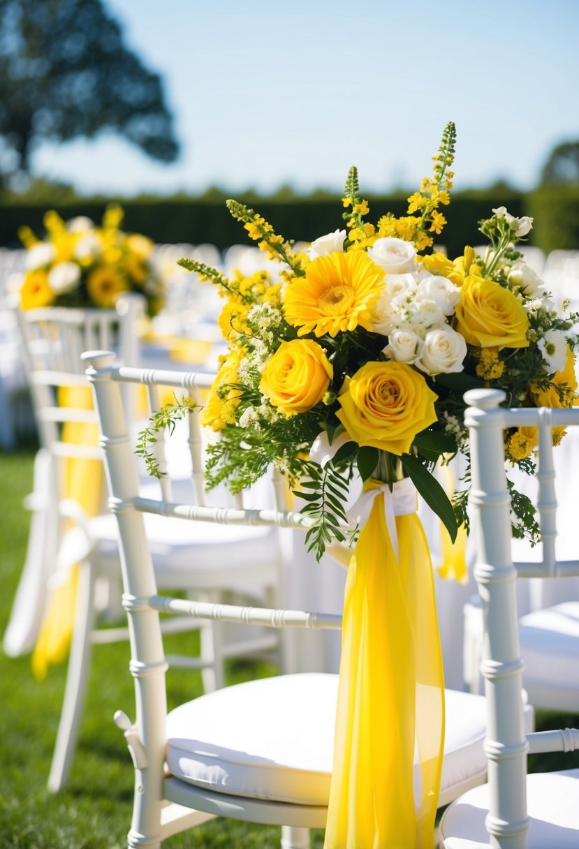 A sunny outdoor wedding with yellow flowers, white linens, and classic white accents on chairs and table settings