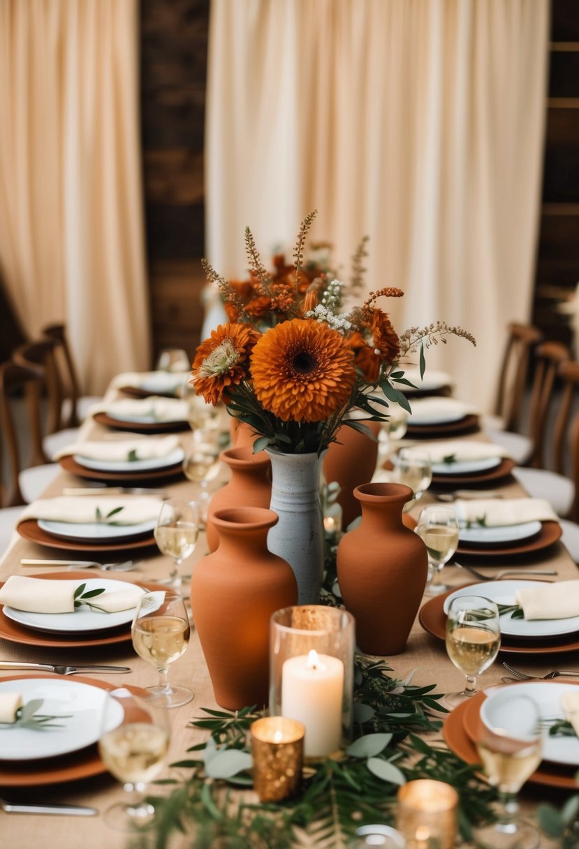 A rustic wedding table adorned with terracotta vases and rust orange flowers, set against a backdrop of creamy linens and brown wooden accents