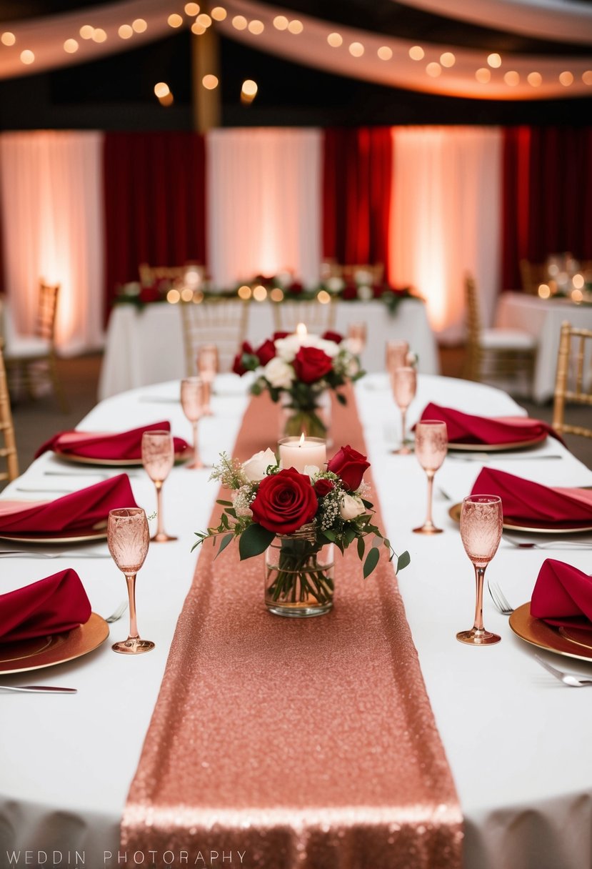 A wedding reception table adorned with rose gold table runners and red and rose gold decor