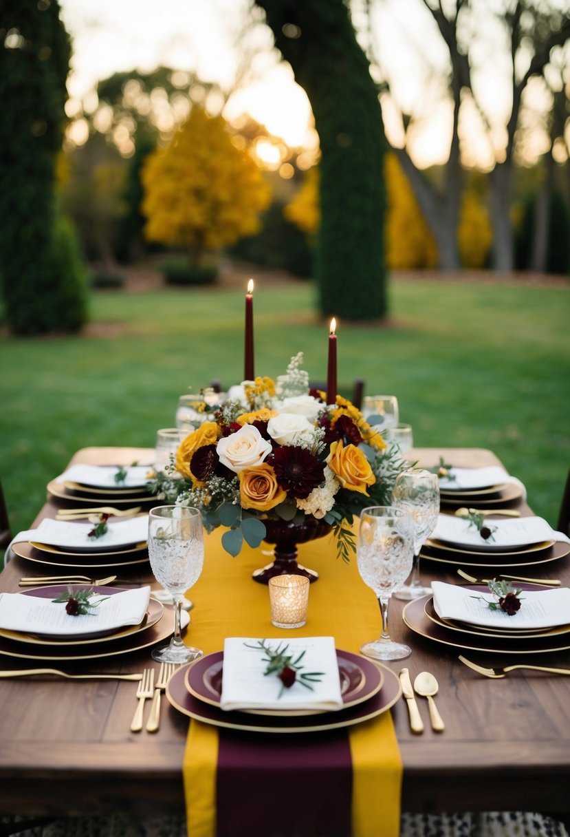 A maroon and mustard yellow wedding table set with flowers and candles