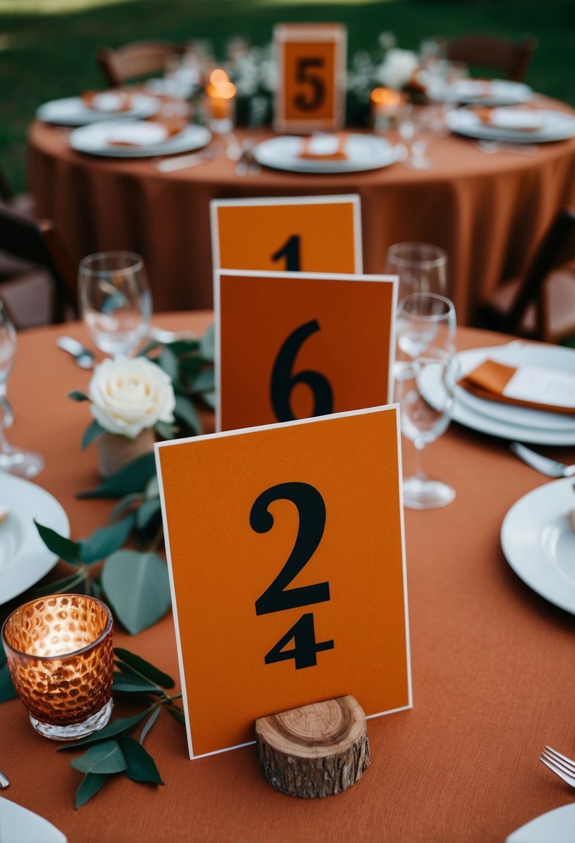 Rust orange and terracotta table numbers arranged on a terracotta table, surrounded by wedding decor in similar colors