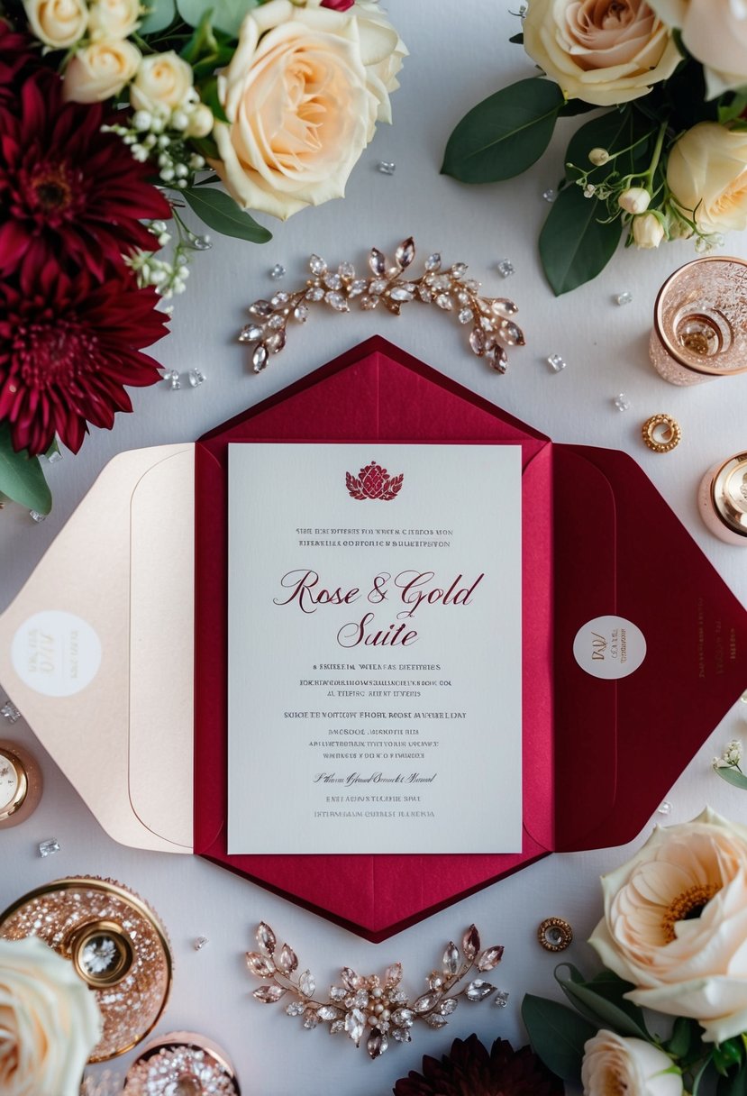 A luxurious wedding invitation suite featuring red and rose gold accents, surrounded by elegant floral arrangements and sparkling decor