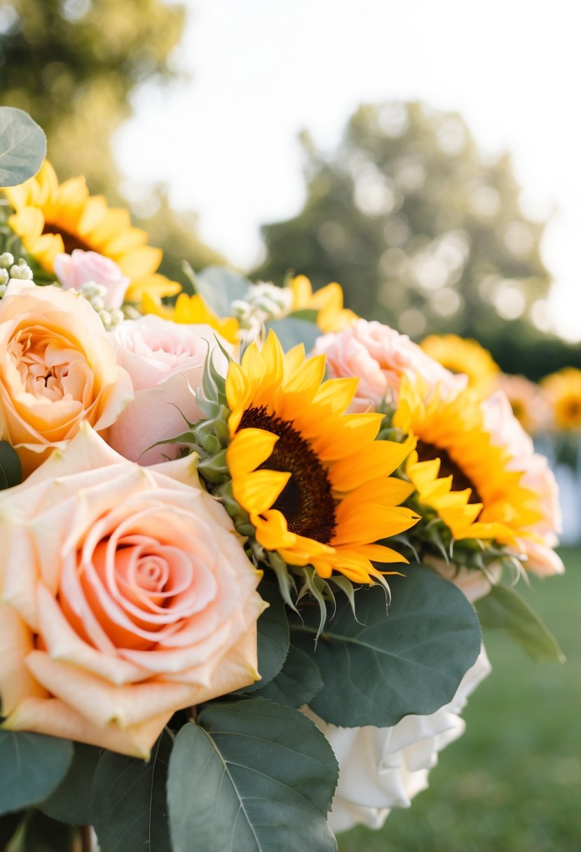 A pastel yellow and peach outdoor wedding with sunflowers and peach roses