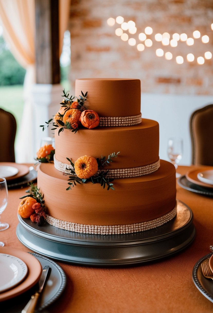 A terracotta cake stand adorned with rustic orange and terracotta wedding decor