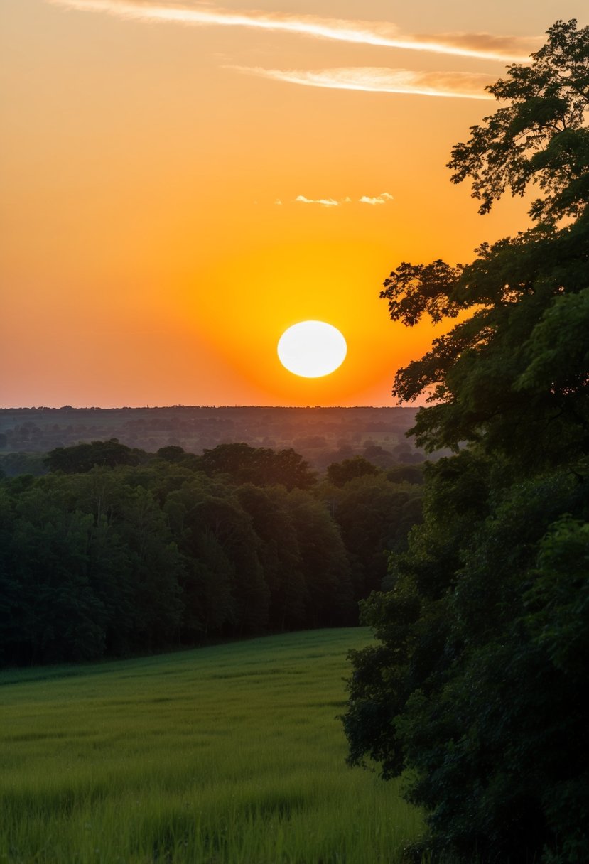 A golden yellow sun setting over a lush forest green landscape