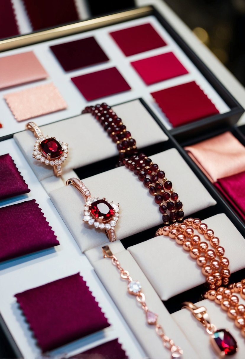 A display of garnet and rose gold jewelry arranged with red and rose gold wedding color swatches for inspiration