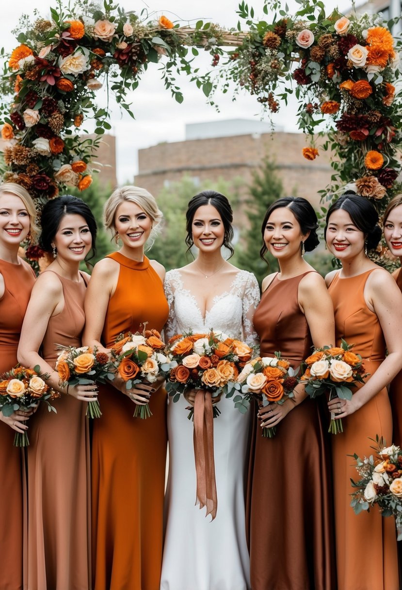 A group of bridesmaid dresses in burnt orange, rust orange, and terracotta colors, surrounded by floral arrangements and wedding decor