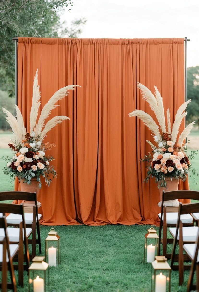 A rustic orange ceremony backdrop with terracotta wedding decor and floral arrangements