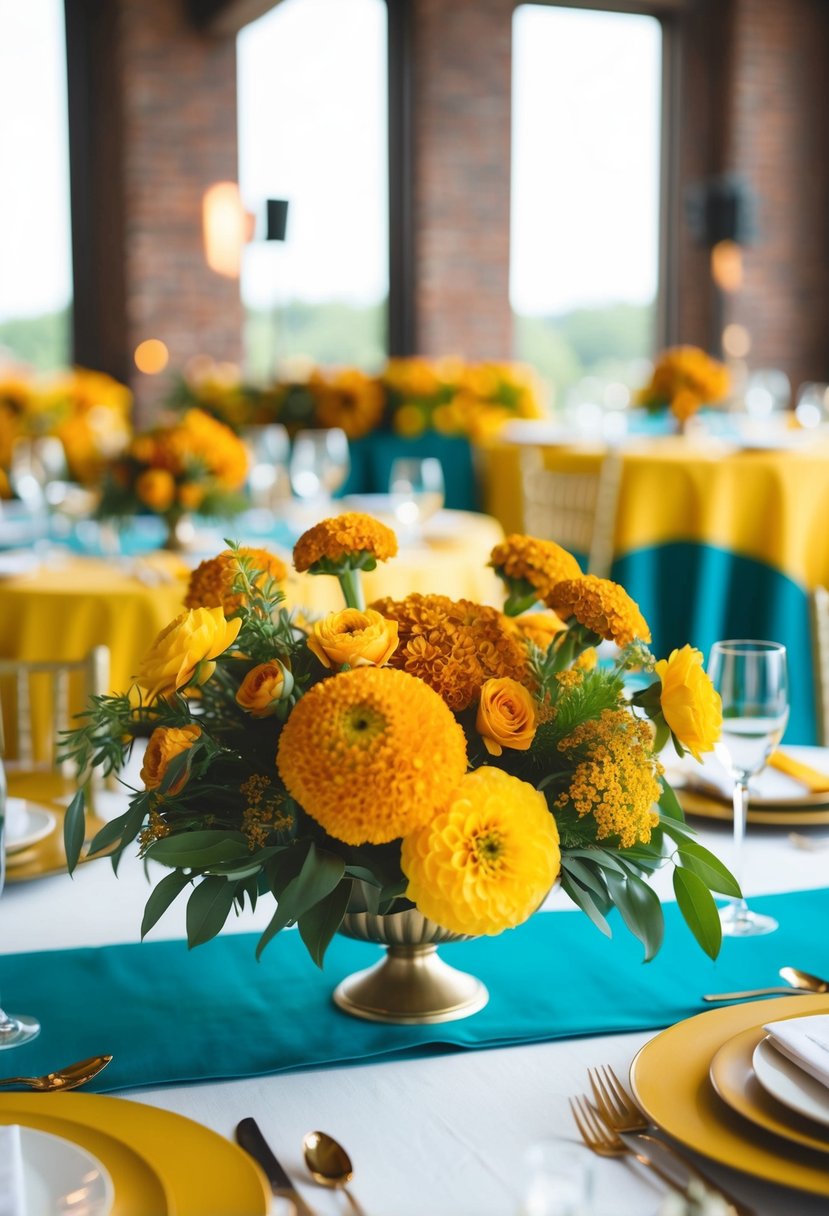 A vibrant marigold and teal yellow wedding color palette with floral centerpieces and elegant table settings