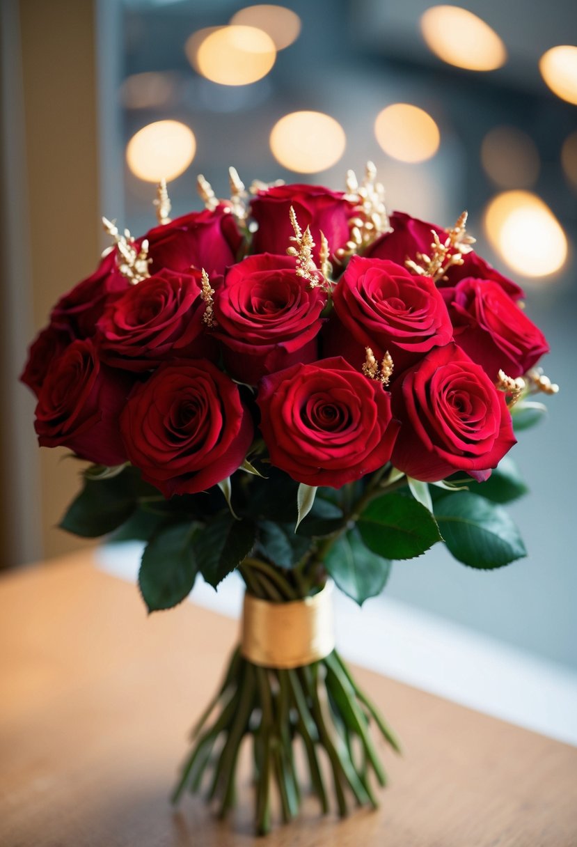 A bouquet of red roses with delicate gold accents