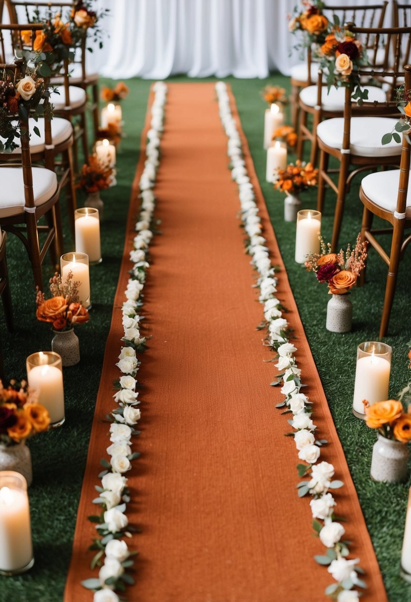 Terracotta and rust-colored aisle runners adorn a wedding ceremony, complemented by matching decor and floral arrangements