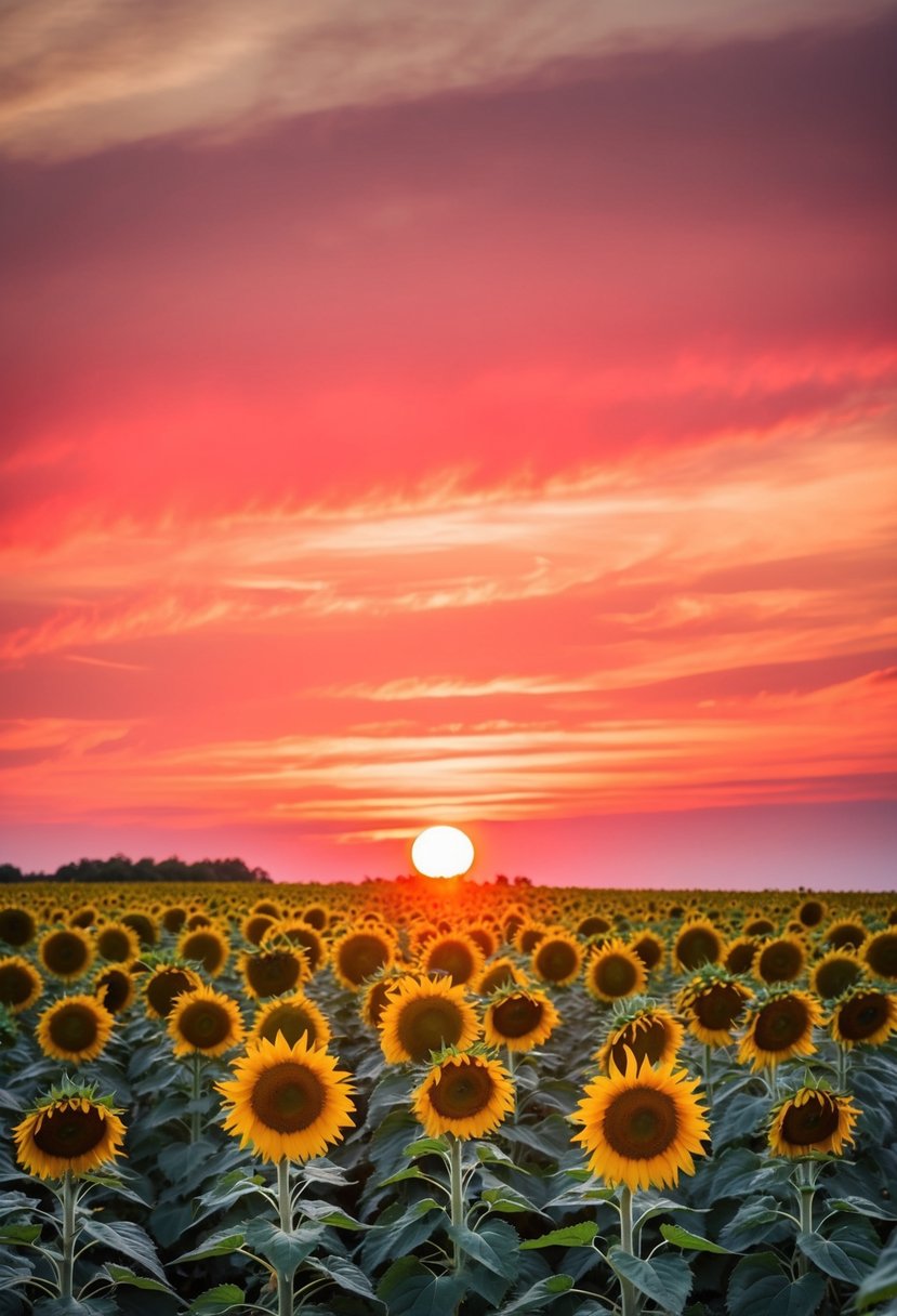 A bright yellow sunflower field against a vibrant coral sunset sky