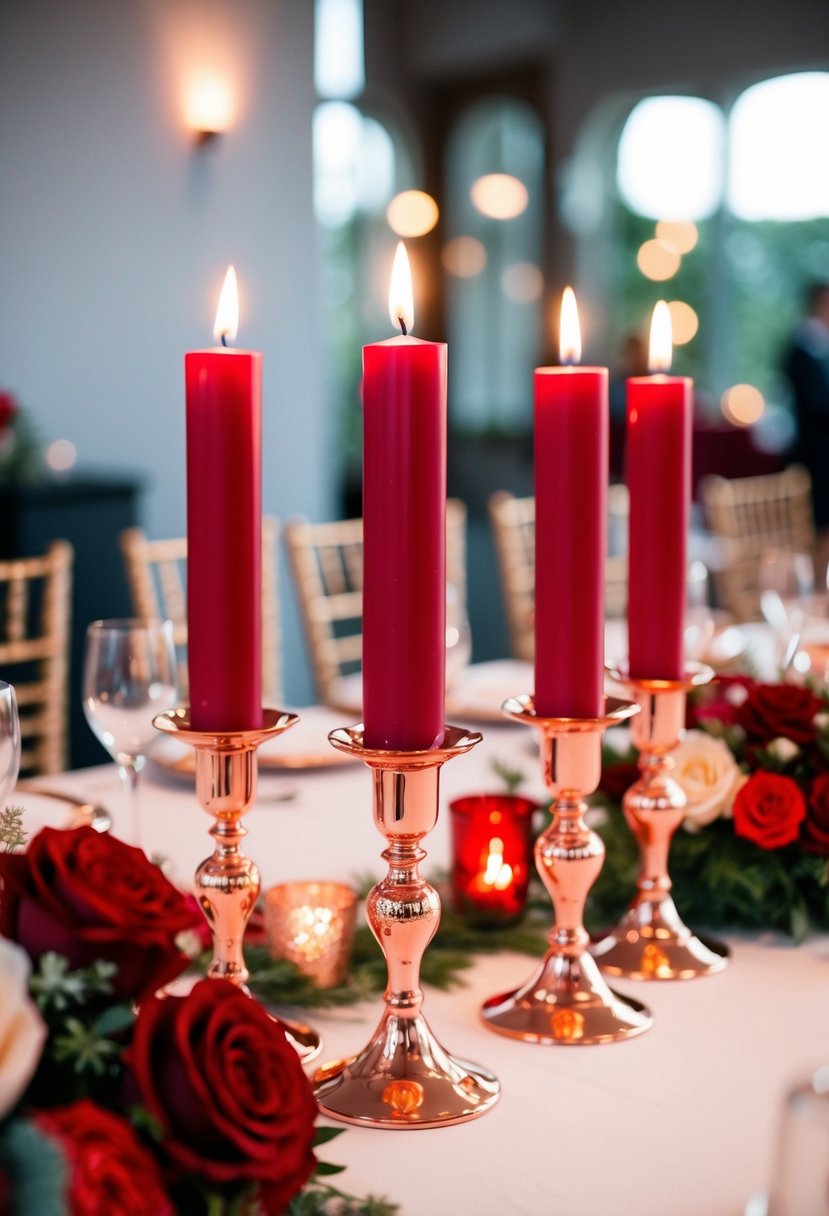 Rose gold candle holders arranged with red and rose gold wedding decor, creating an elegant and romantic color scheme