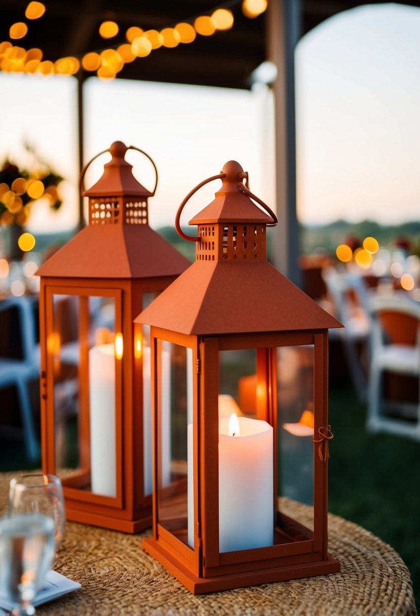 Rust orange and terracotta lanterns casting warm light in a wedding setting