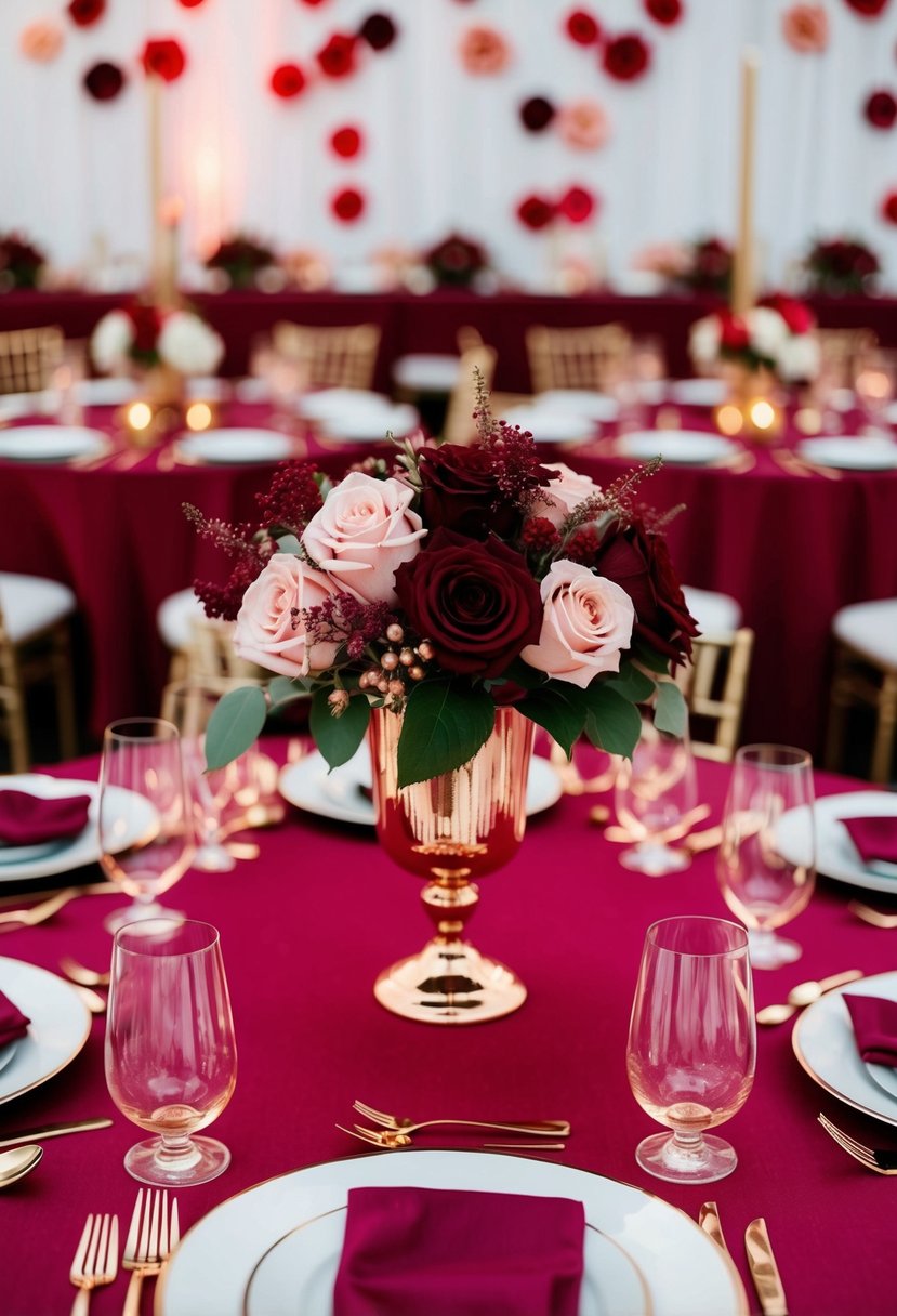 A burgundy and rose gold centerpiece surrounded by red and rose gold wedding decor