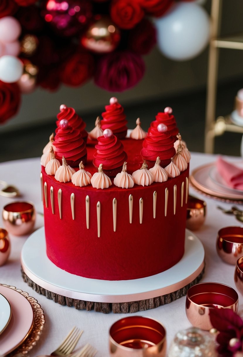 A red velvet cake adorned with rose gold accents sits on a table, surrounded by coordinating decor in shades of red and rose gold