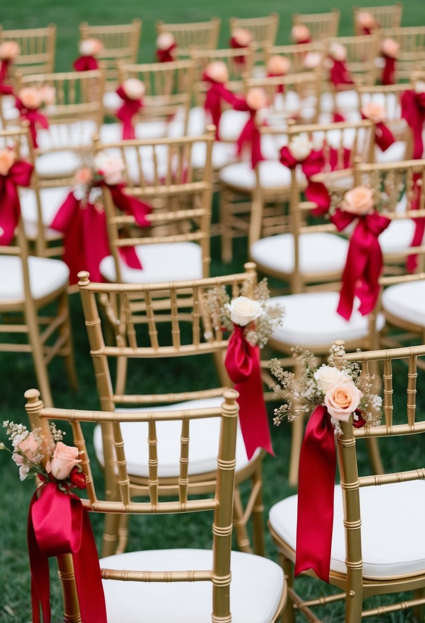 Gold Chiavari chairs arranged in a circle, adorned with red and rose gold ribbons and flowers, creating an elegant wedding color scheme