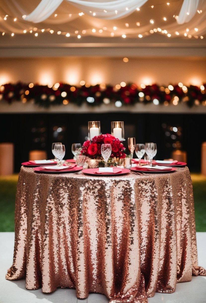 A table set with rose gold sequin tablecloths, adorned with red and rose gold wedding decor