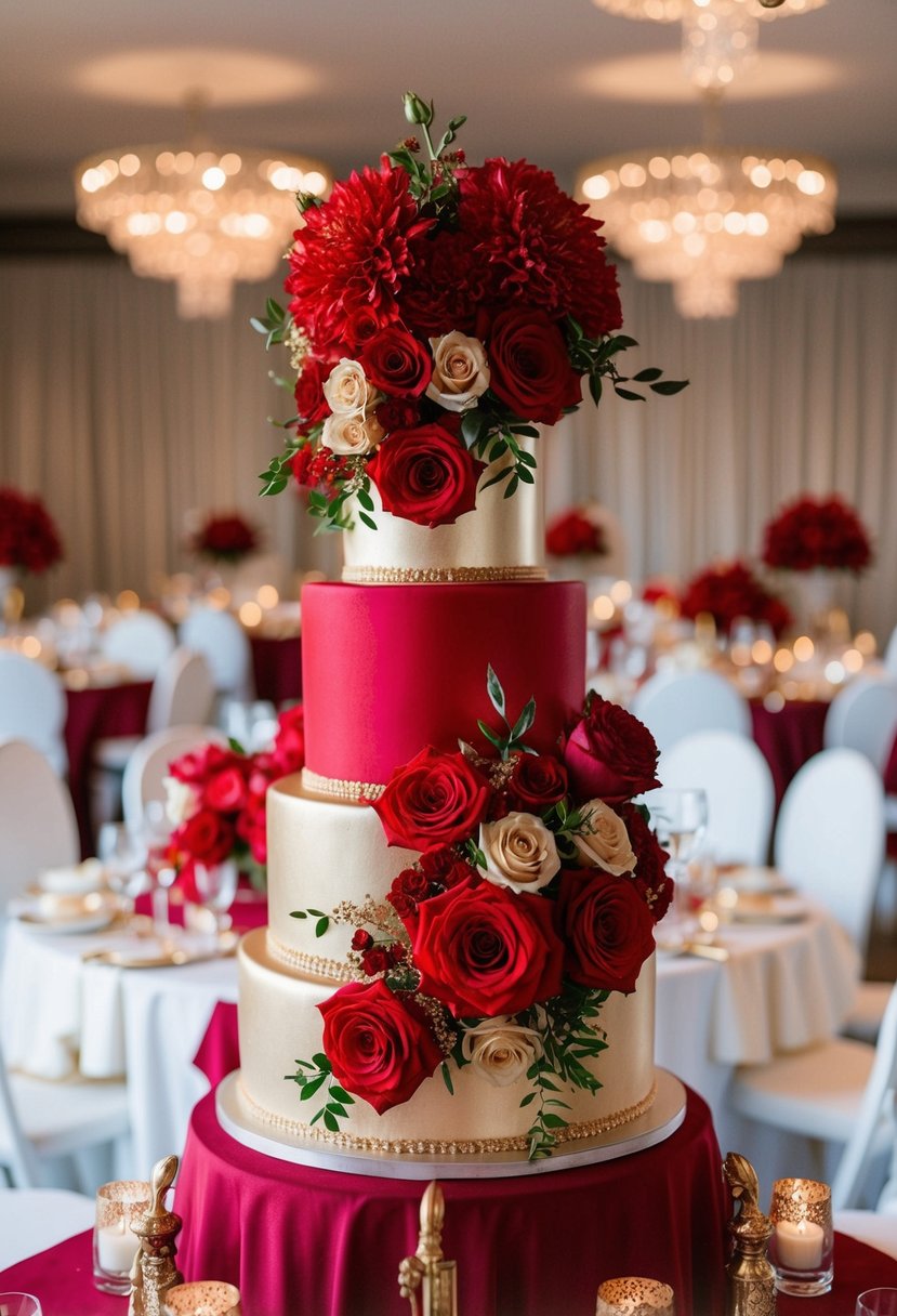 Red and gold floral arrangements adorn a wedding reception, with rose gold accents throughout