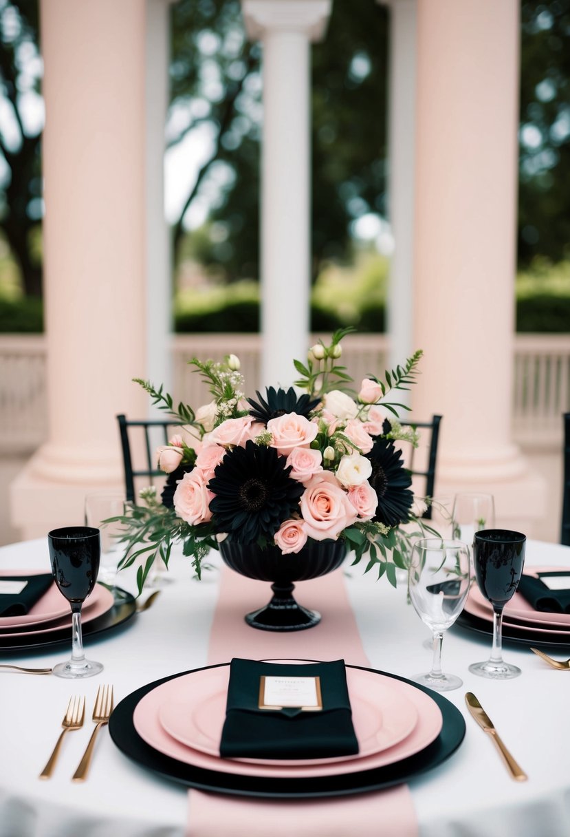 A black and light pink wedding color palette with elegant floral arrangements and matching table settings