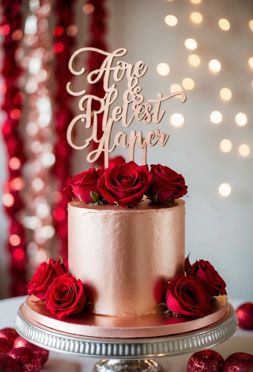 A rose gold wedding cake topper surrounded by red and rose gold decorations