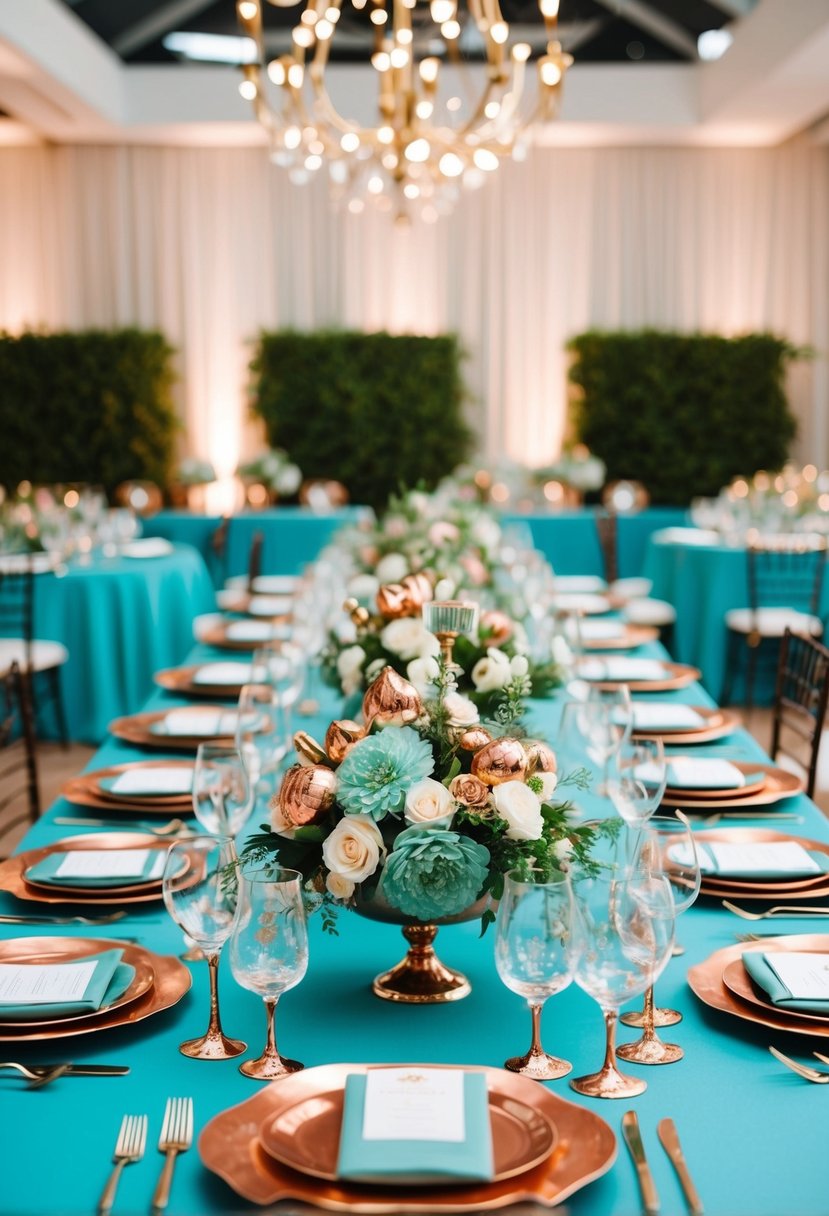 A lush teal and copper wedding tablescape with elegant floral centerpieces and metallic accents