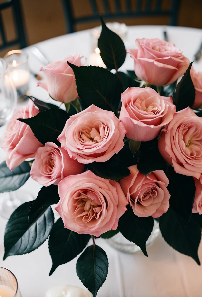 Blush pink roses with black leaves arranged in a wedding centerpiece