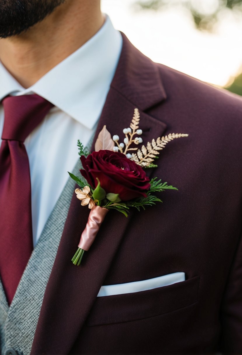 A burgundy and rose gold boutonniere pinned to a lapel