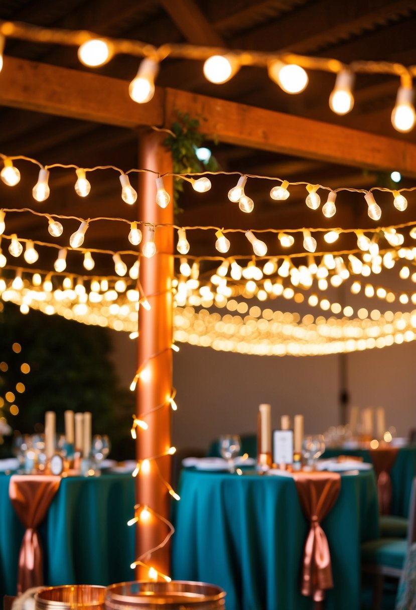 Copper fairy lights cast a warm glow over teal and copper wedding decor