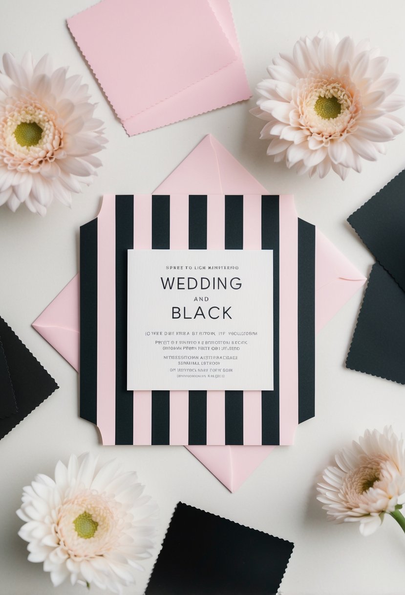 A light pink and black striped invitation surrounded by wedding color swatches in black and light pink