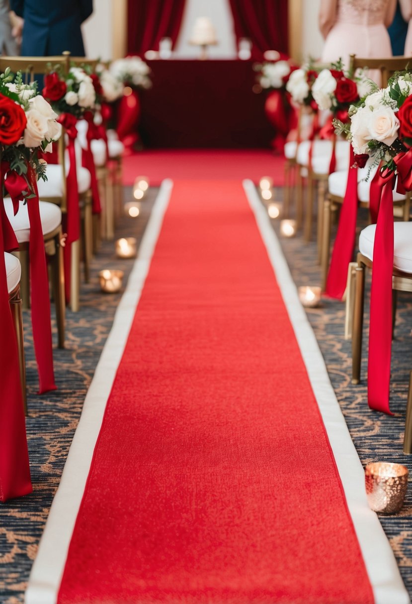 A red carpet aisle runner with red and rose gold accents, leading towards a wedding altar