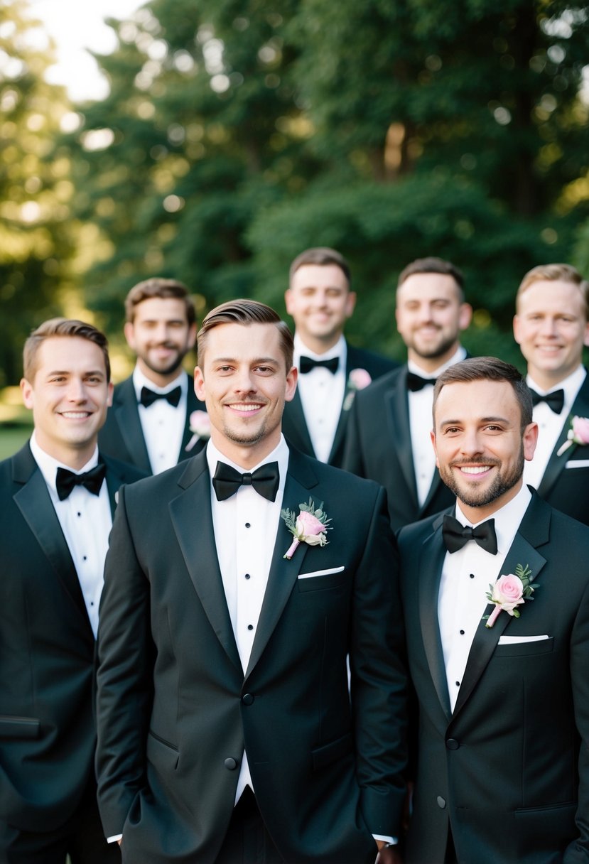 Groomsmen in black tuxedos with pink boutonnieres